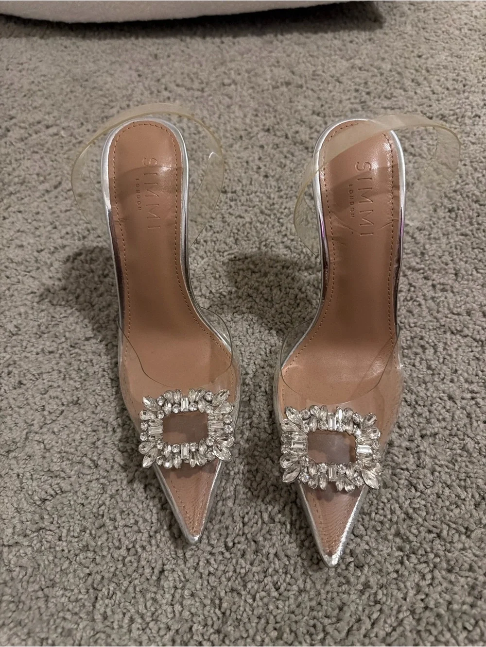 Crystal Buckle Clear Stiletto Mule in Nude